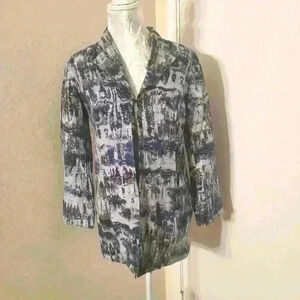 Chicos sz 0 blue silver silk abstract lined blazer hook eye closure size S